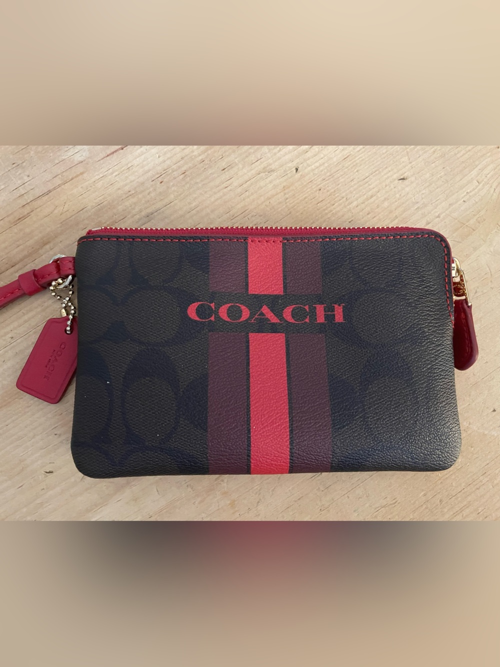 Coach Brown Signature Zip Wallet with Red Stripe